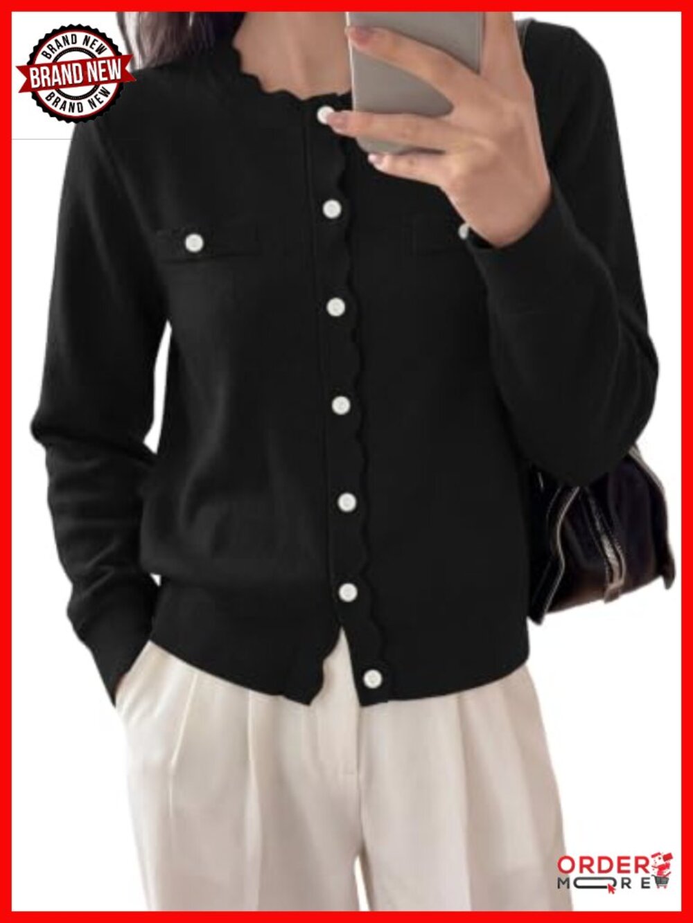 Womens Scalloped Trim Knit Cardigan Sweater Fall Layer